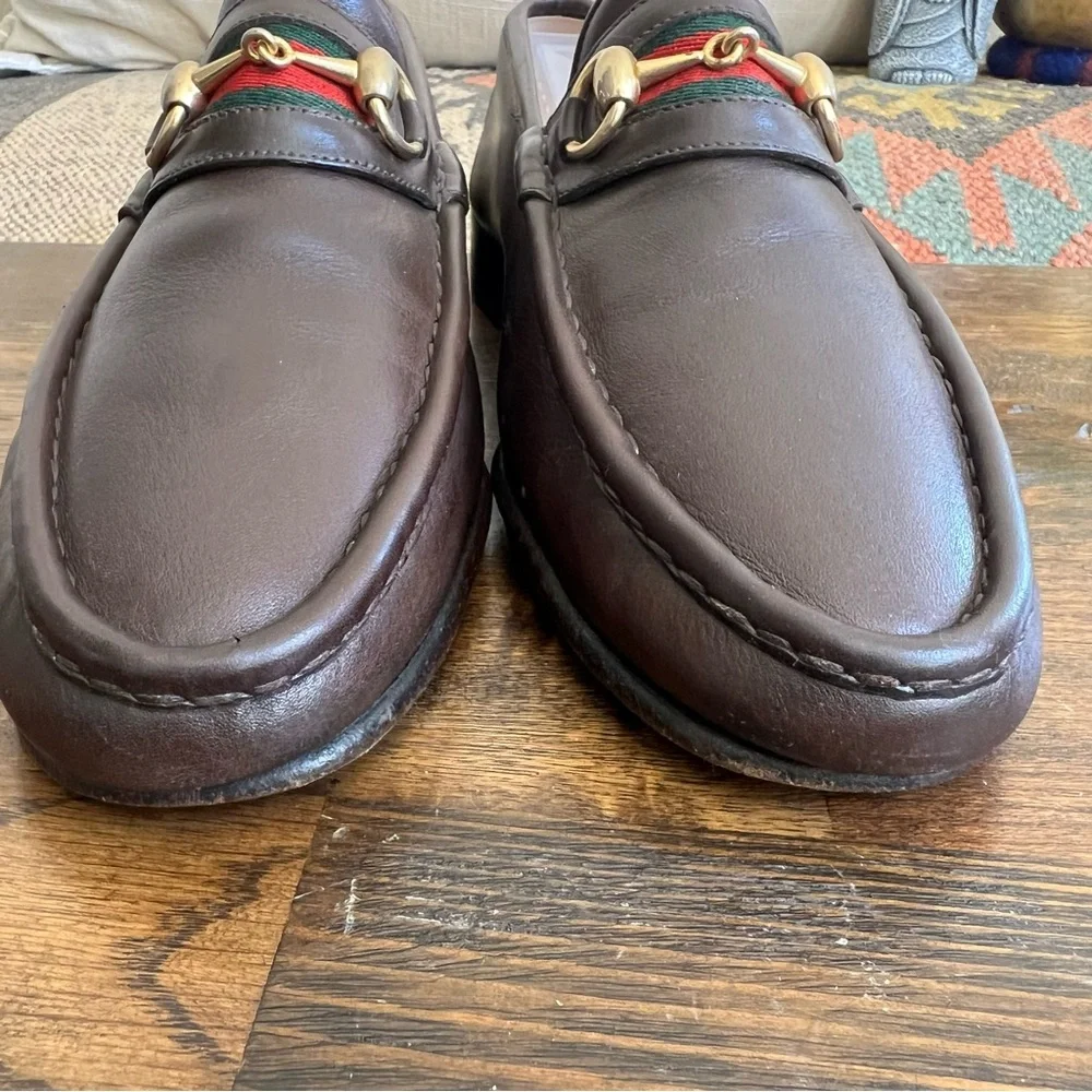 GUCCI Brow Leather Web Detail Horsebit Loafers EU41.5 US8
